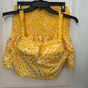 Main Strip Yellow and White Patterned Crop Top and skirt medium. NWT